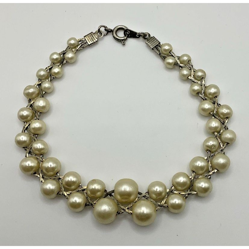 Silvertone Faux Pearl Braided Bracelet Edwardian Vintage Ornate Fashion Jewelry